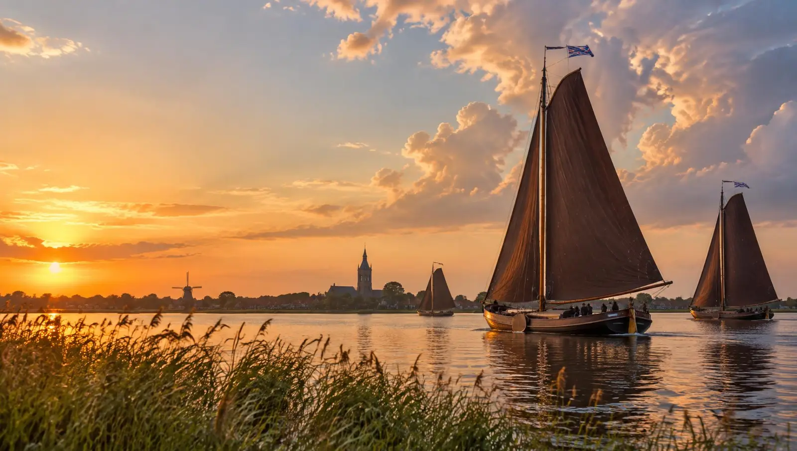 Sloep en zeilboot aan een steiger op een Fries meer bij zonsopkomst