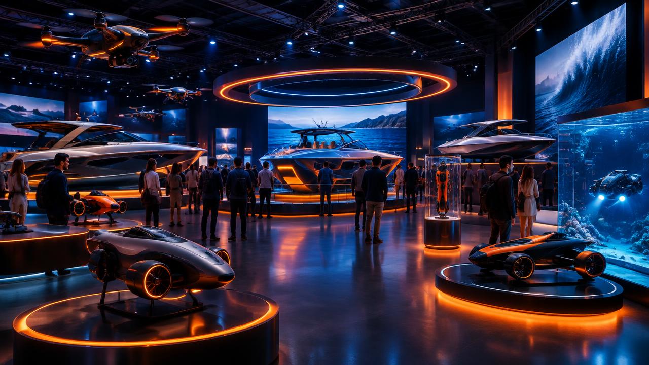 Future Boating & Innovation Pavilion · Illustrative show-hall scene