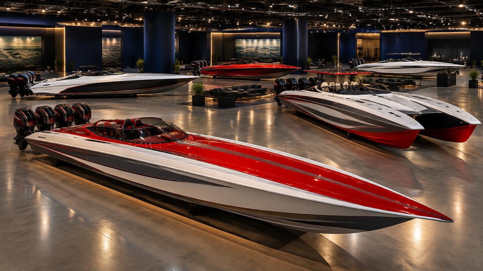 High-Performance, Offshore & Speedboat Pavilion · Illustrative show-hall scene