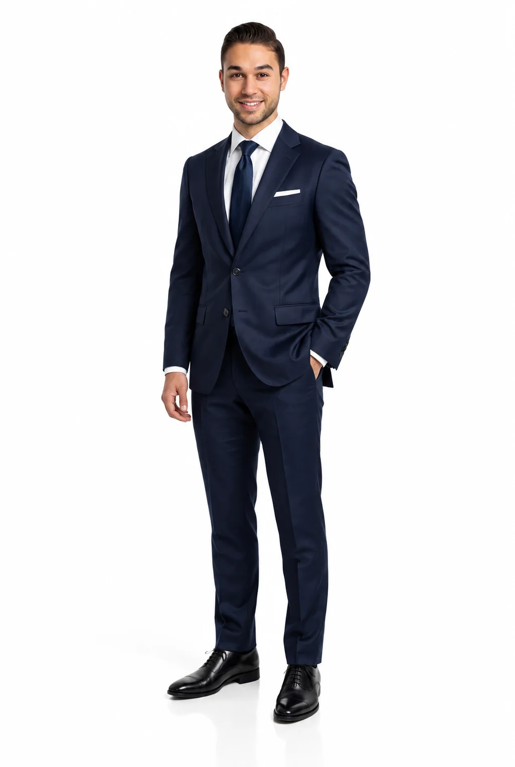 Full-length portrait of Ada Bilican in a navy suit on a white background