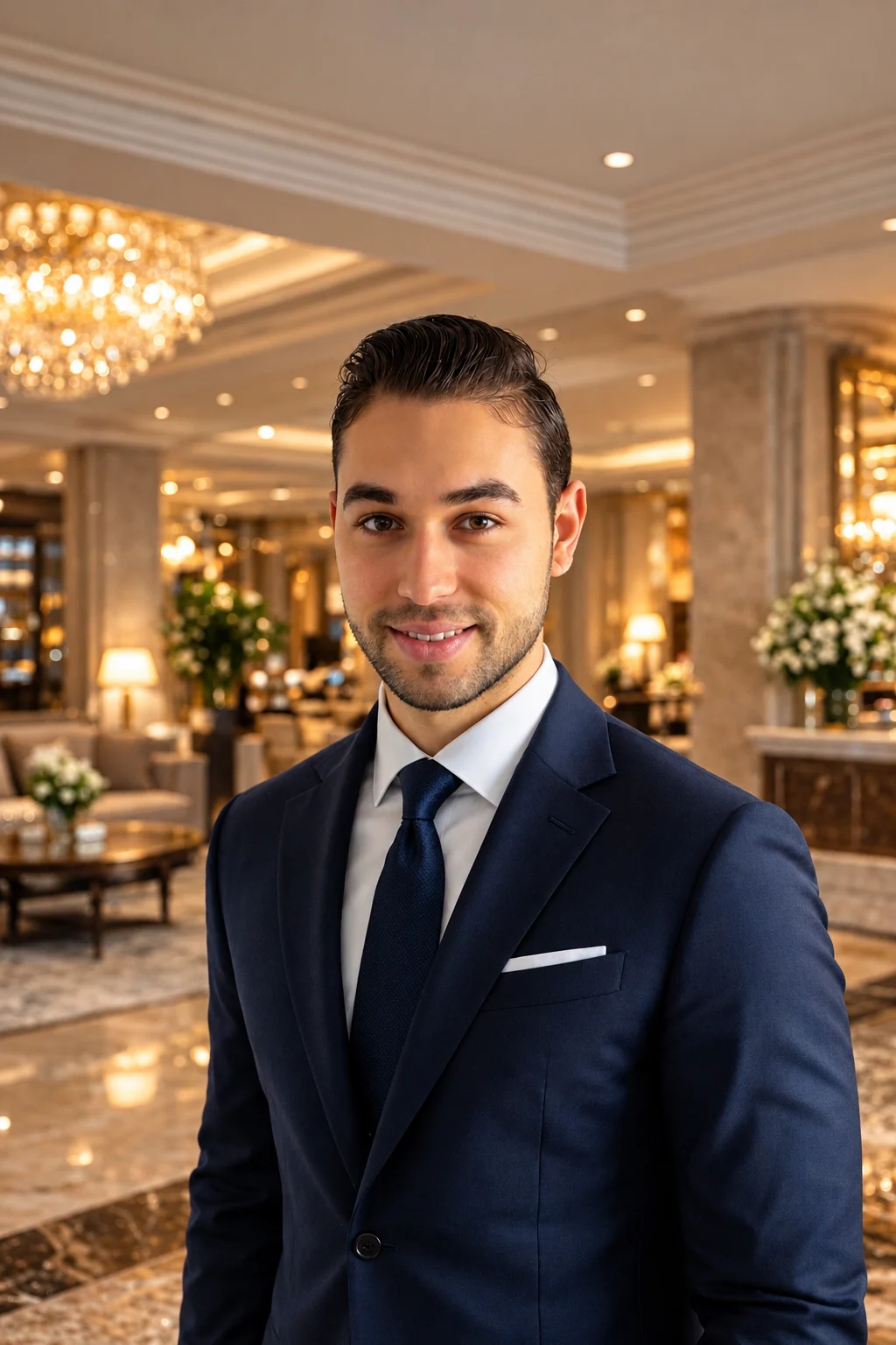 Ada Bilican in a navy suit and tie in a hotel lobby