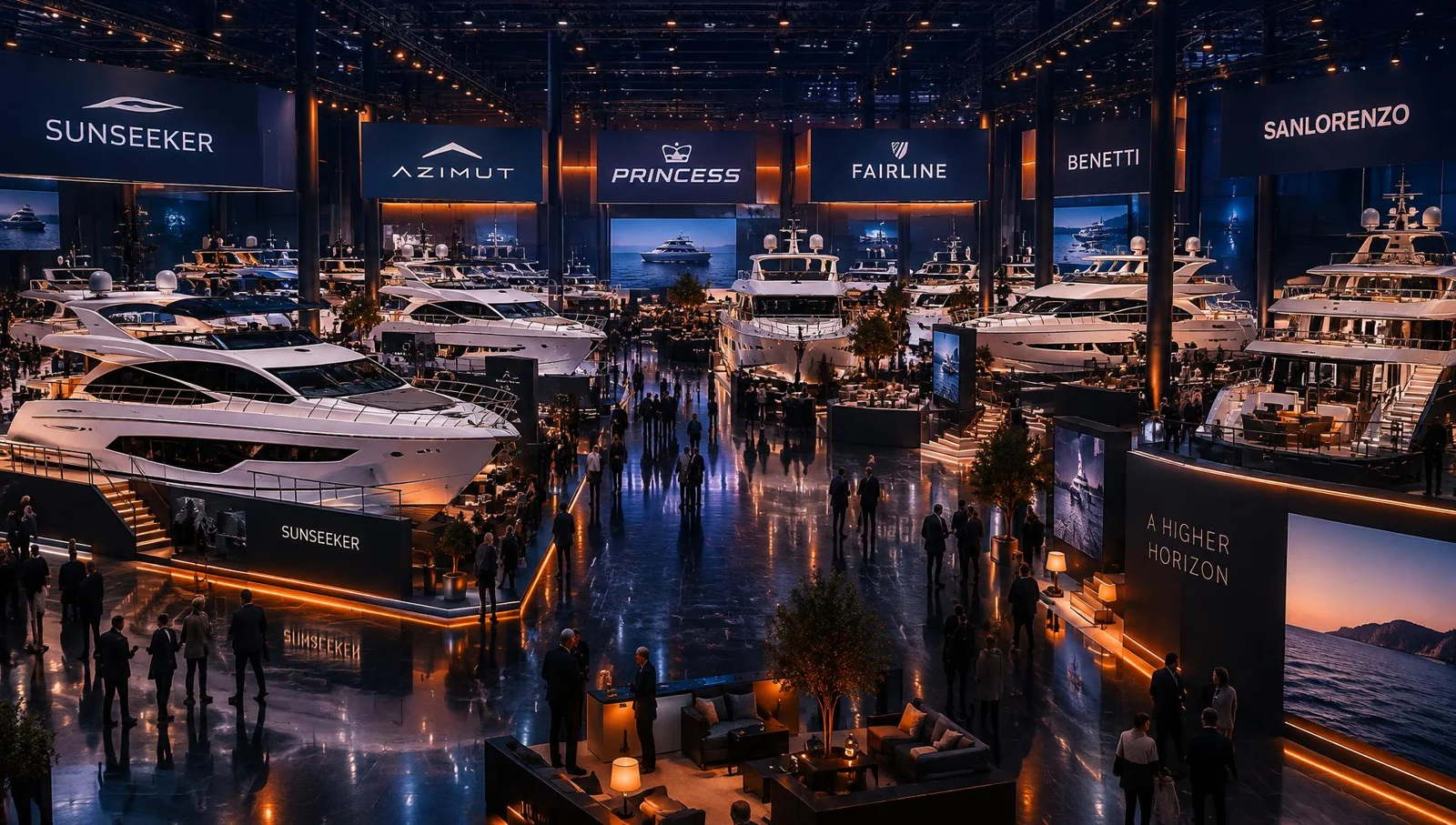 Boats displayed in a boat show hall