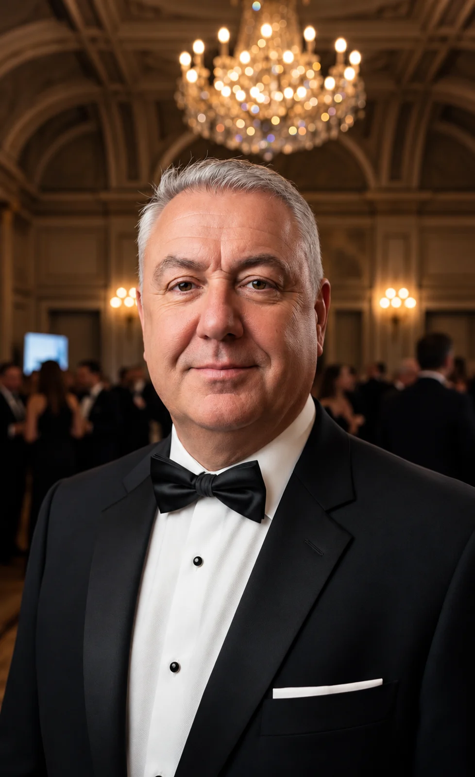 Murat Bilican in a tuxedo and bow tie under a chandelier