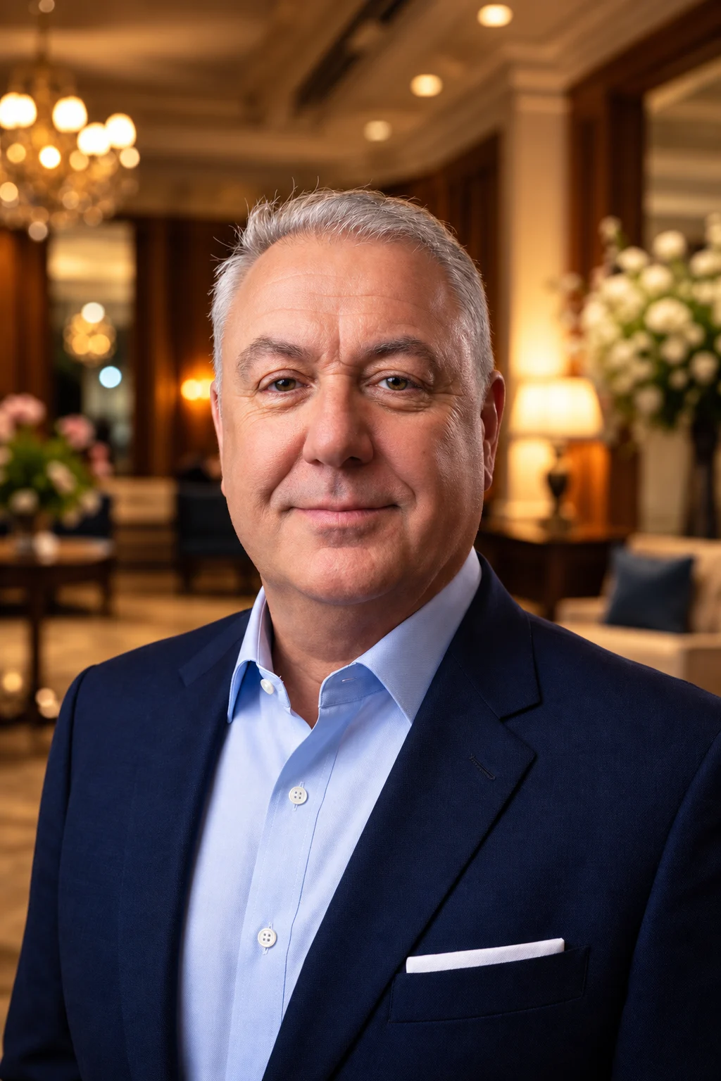 Murat Bilican in a navy blazer and light blue shirt in a hotel lobby